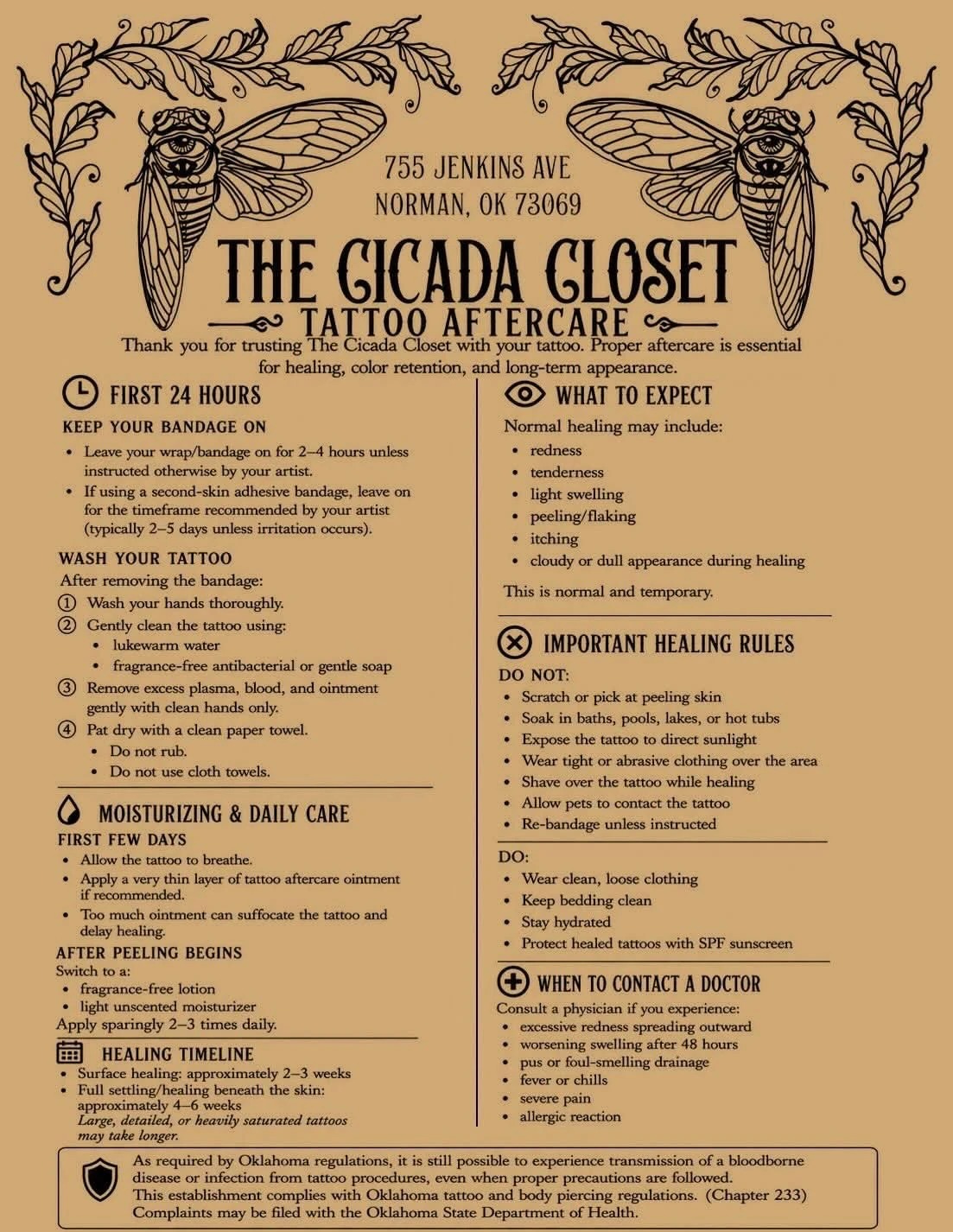 The Cicada Closet official aftercare sheet