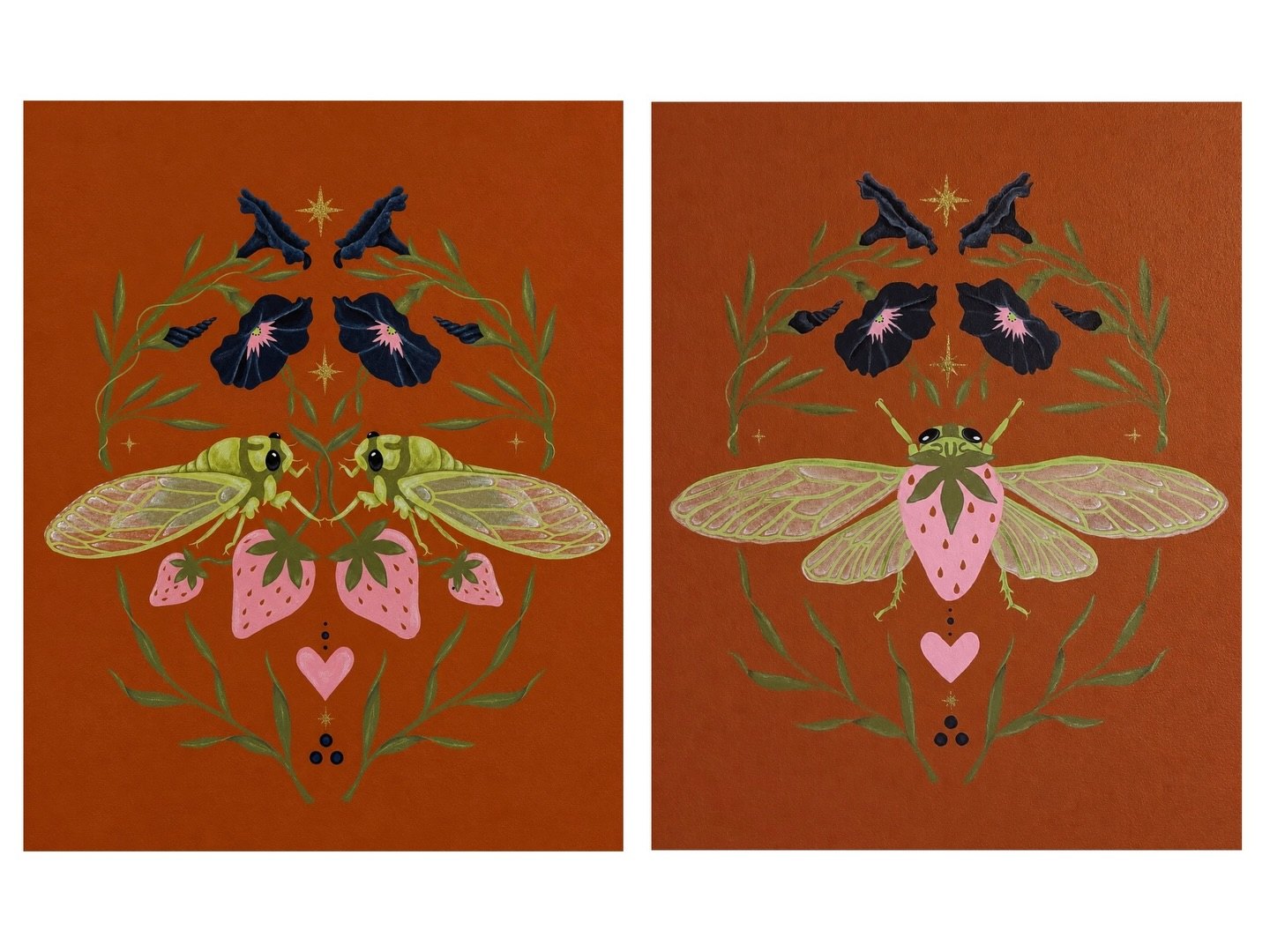 Two painted murals on a rust ground: cicadas, morning glories, strawberries and hearts