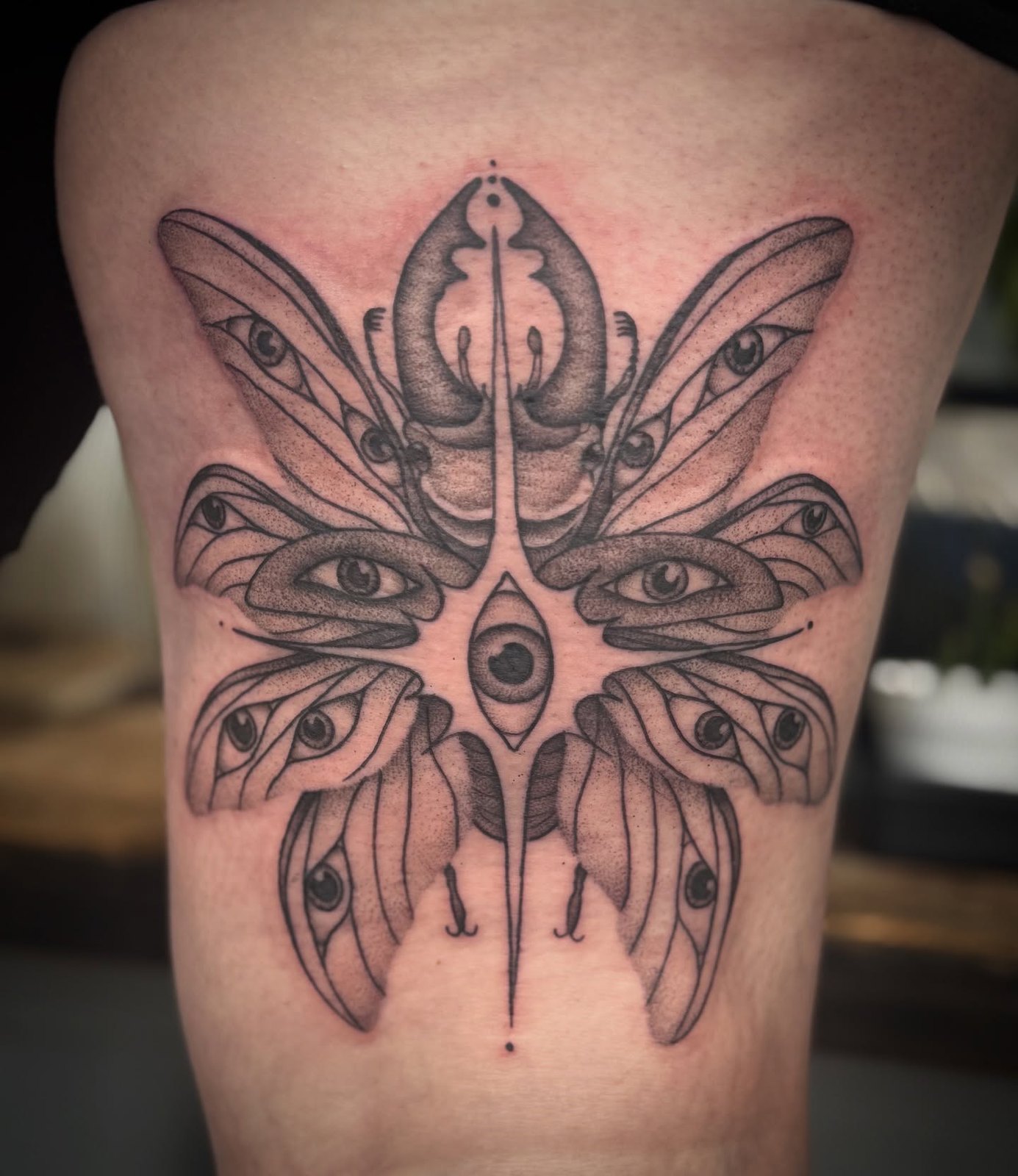 Black and grey tattoo of a stag beetle with six wings patterned with eyes